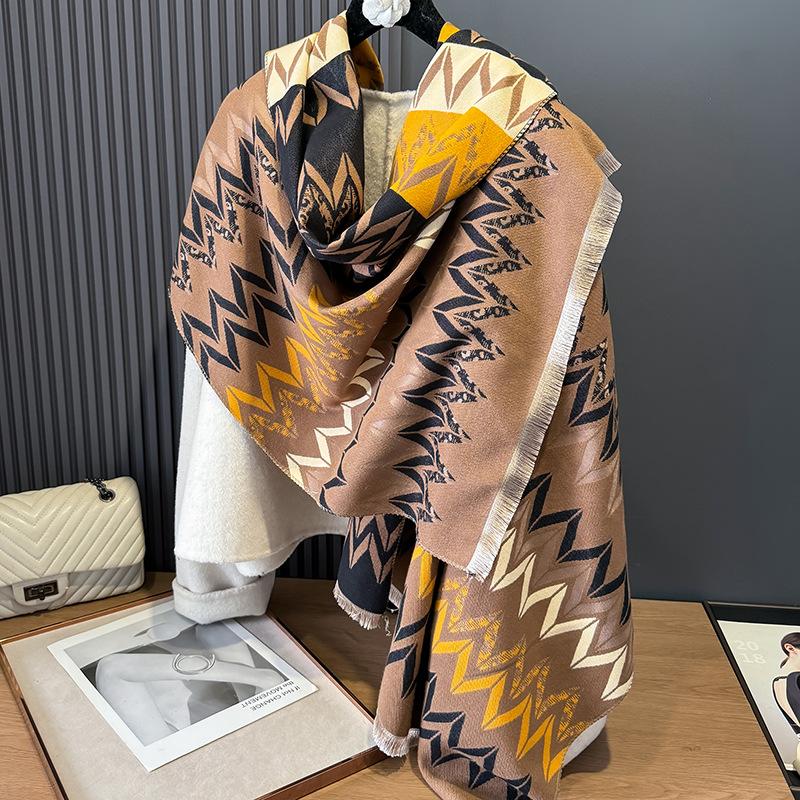 Scarf Women's Winter High-grade Imitation Cashmere Double-sided Geometric Stripes Warm and Cold-proof Large Shawl Versatile Scarf