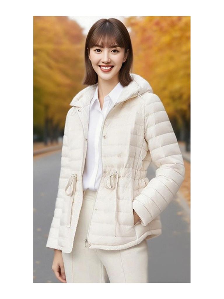 Women's Tie-Waist Hooded Down Jacket - Long Sleeve, Loose Fit, Lightweight, White Duck Down Outerwear 2025