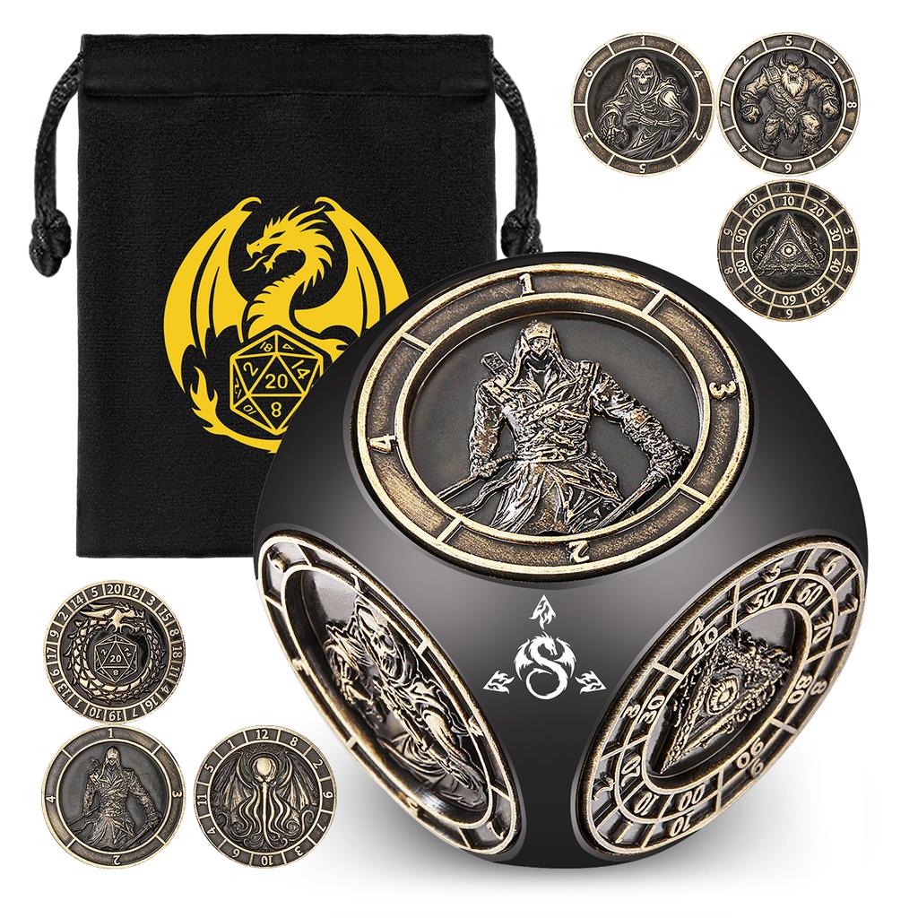 Partygeschenk Sechs-in-Eins Metall Drehende Würfel RPG Rollenspiel mit Sechs Verschiedenen Mustern Drehbarer Würfel D4/D6/D8/D10/D12/D20
