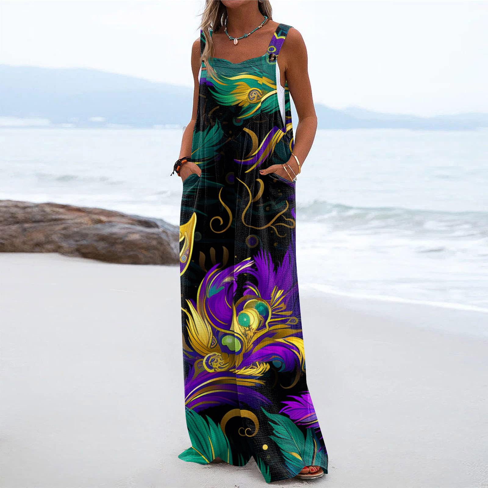 

Широкий комбинезон для женщин, повседневный свободный комбинезон без рукавов с принтом и пуговицами, длинные брюки, комбинезон с карманами M