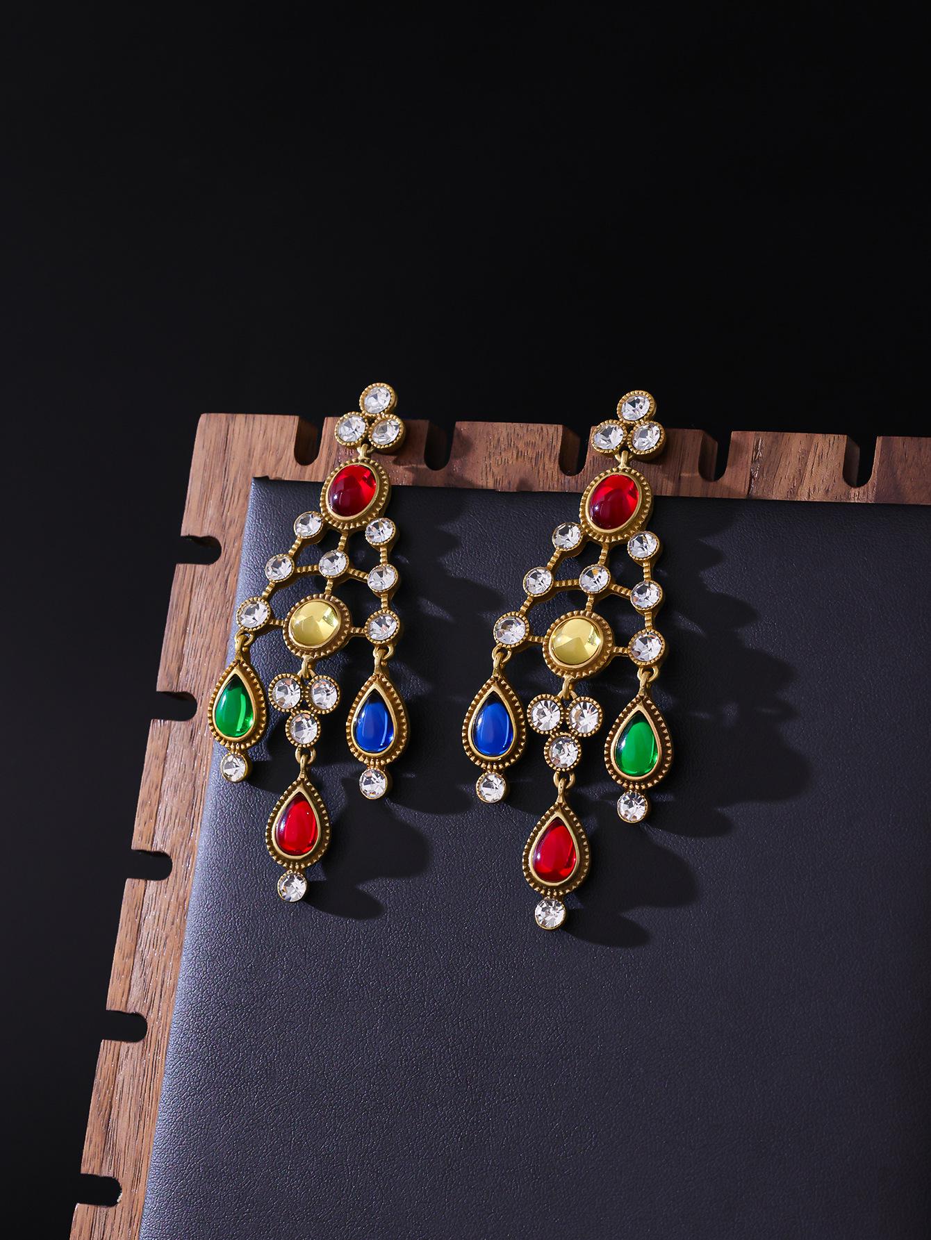 

Vintage Three-Dimensional Christmas Tree Earrings with Colorful Crystal Rhinestones