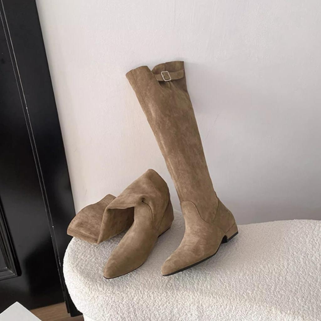 Schaffellversion~ Damen Herbst- und Winter-Retro-Stapelstiefel Französische spitz zulaufende dünne hohe Stiefel Stiefel