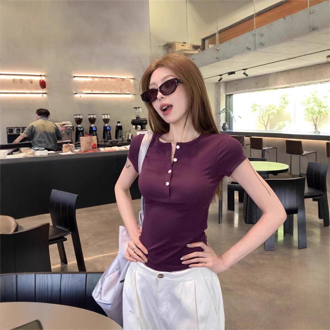 

Women s Slim Fit Purple Short Sleeve Shoulder T-Shirt - Summer 2025 New Design S серый