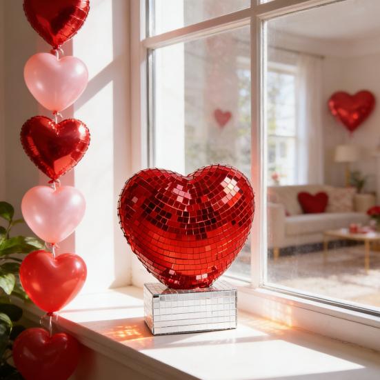 Figurka Serce Disco Błyszczące Czerwono-Różowe Serce Kształt Centralny Element Stołu Romantyczne Odbijające Lustro Disco Serce na Walentynki Rocznicę Ślub