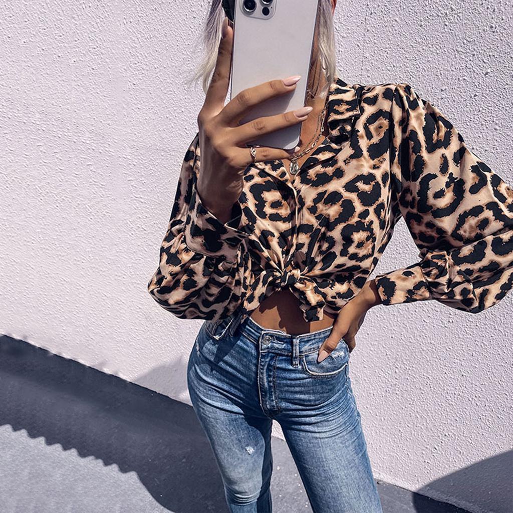 Ladies Vintage Tops Loose Long Sleeves Lapel Leopard Shirts Women's Fashion Shirts, Casual Long Sleeves Button Up Shirts Tops