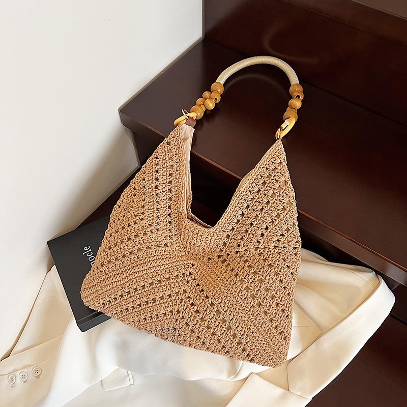 Stricktasche mit großer Kapazität Damen Sommer Neue Holzperlen Gewebte Umhängetasche Wolle Häkel-Einkaufstasche