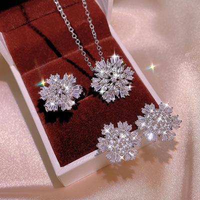 New Style  Silver Women's Jewelry Set AAAA Zircon Flower Shape Shiny Earrings Necklace Ring Bridal Set