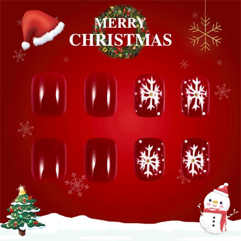 24 Pieces Short Square Glittering French Tip Press On Nail with Snowflake Designs for Christmas and New Year