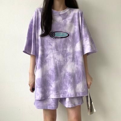 Women Summer Casual Sports Loose Short Sleeve Top & Shorts Tie-dye Printed Cotton Outfit Two Piece Clothes Set