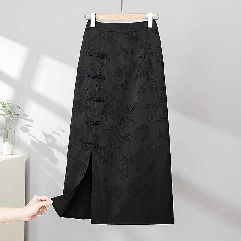 

Летняя женская улучшенная новая юбка больших размеров в китайском национальном стиле с пряжкой на бедрах, жаккардовая юбка в стиле ретро с высокой талией, тонкая юбка до половины тела 4XL чёрный