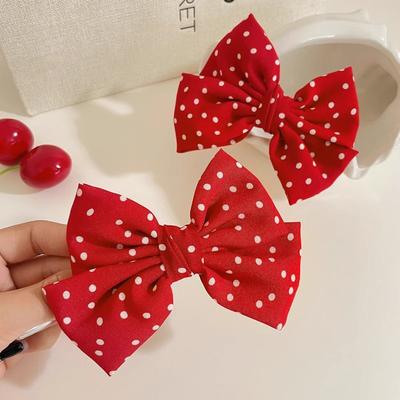1 adet/2 adet Set Kırmızı Kalp Puantiyeli Fiyonklu Saç Tokası, Kadınlar İçin Sevimli Tatlı Akademi Tarzı Yan Kahkül Saç Klipleri
