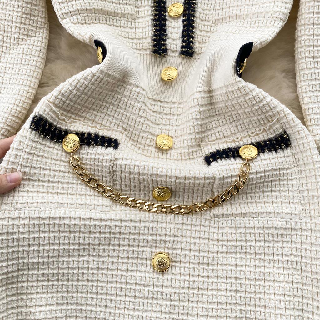 Autumn Women O Neck Long Sleeves Buttons Chain Pockets Knitted Sweater Dress Elegant Skinny Sheath Bodycon Dresses