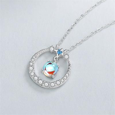 925 Sterling Silver Moonstone Round Bead Charm Pendant Choker Necklace Jewelry For Women Dz610