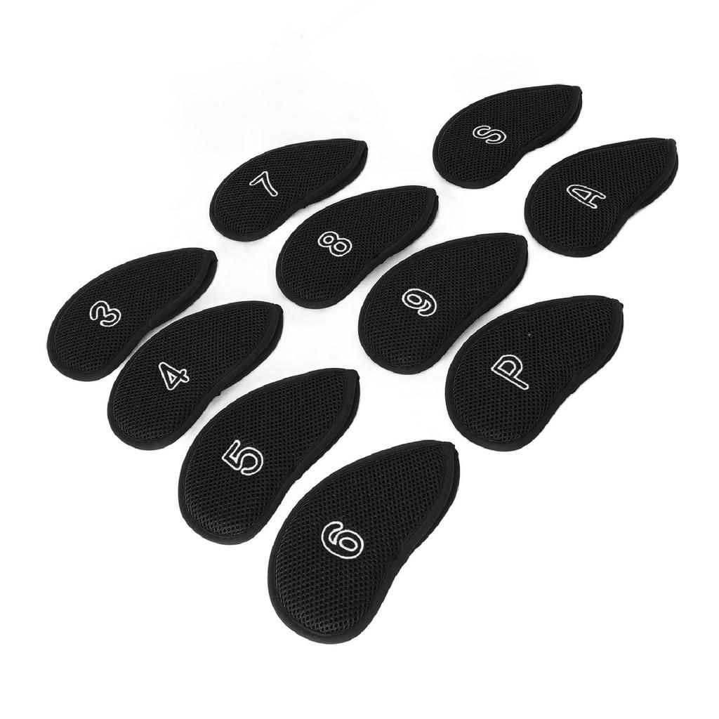 10pcs Golf Club Head Cover Breathable Nylon Mesh Soft Lining Protective Golf Iron Covers Set Black