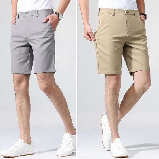 Men Suit Shorts Button Zipper Fly Straight Leg Casual Shorts Pockets Design Solid Color Elastic Golf Shorts Daily Wear