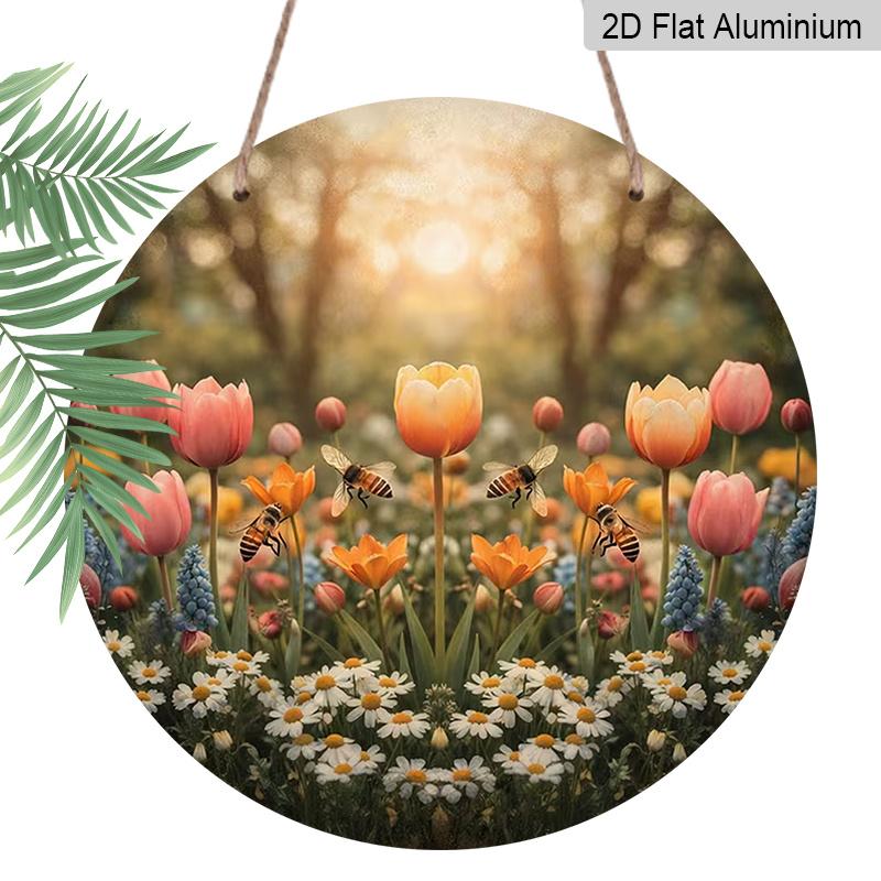 2D Flat Aluminum Tulip and Bee Wall Decor Rustic Garden Style 7.87 Inches X 7.87 Inches Perfect for Gardens, Farmhouses, Front Doors, Porches, and