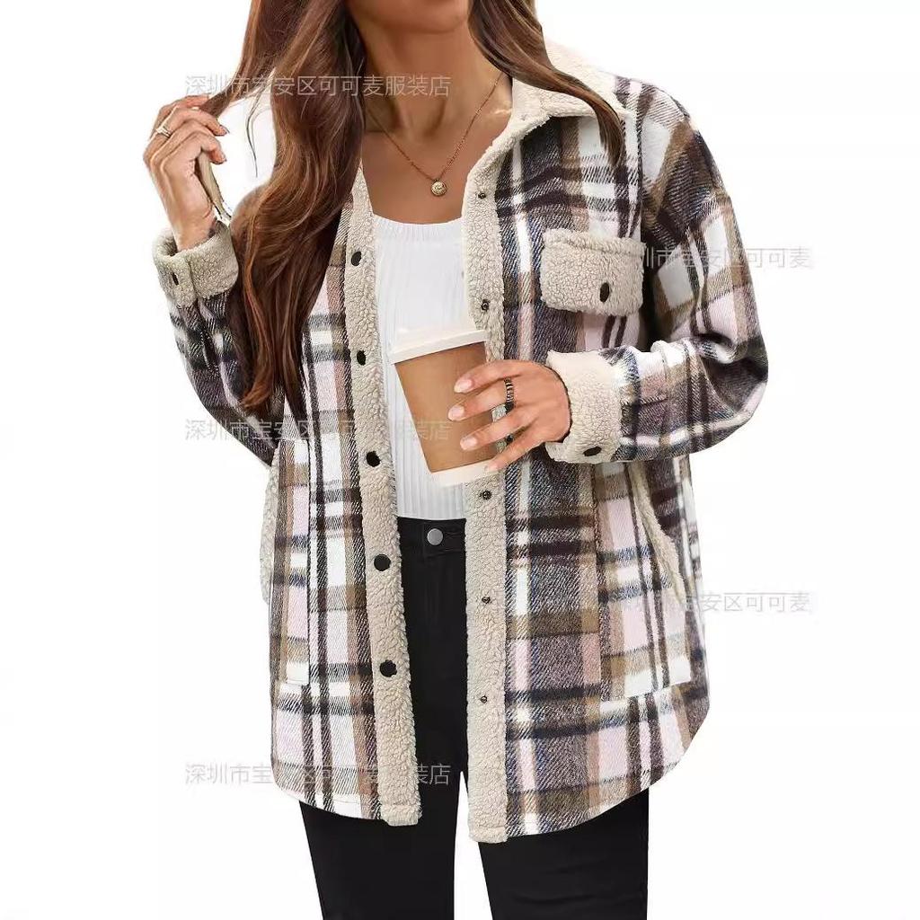 Women's Plaid Fleece-Lined Jacket with Notched Collar, Warm Winter Coat with Button Closure and Front Pocket