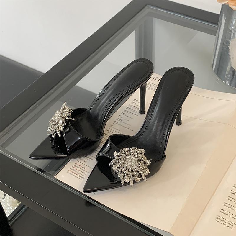 2025 Spring and Autumn New Fashion Versatile Pointed Rhinestone One-word Strap Sandals Women's Fashion Thin Heel Open-toed High Heel