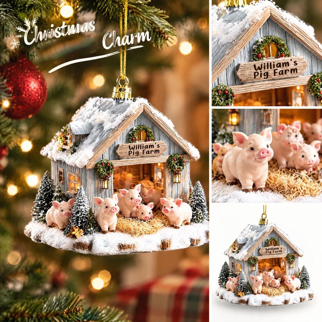 Christmas Acrylic Hanging Ornament with Farm Animals and Design, Holiday Decoration, 21