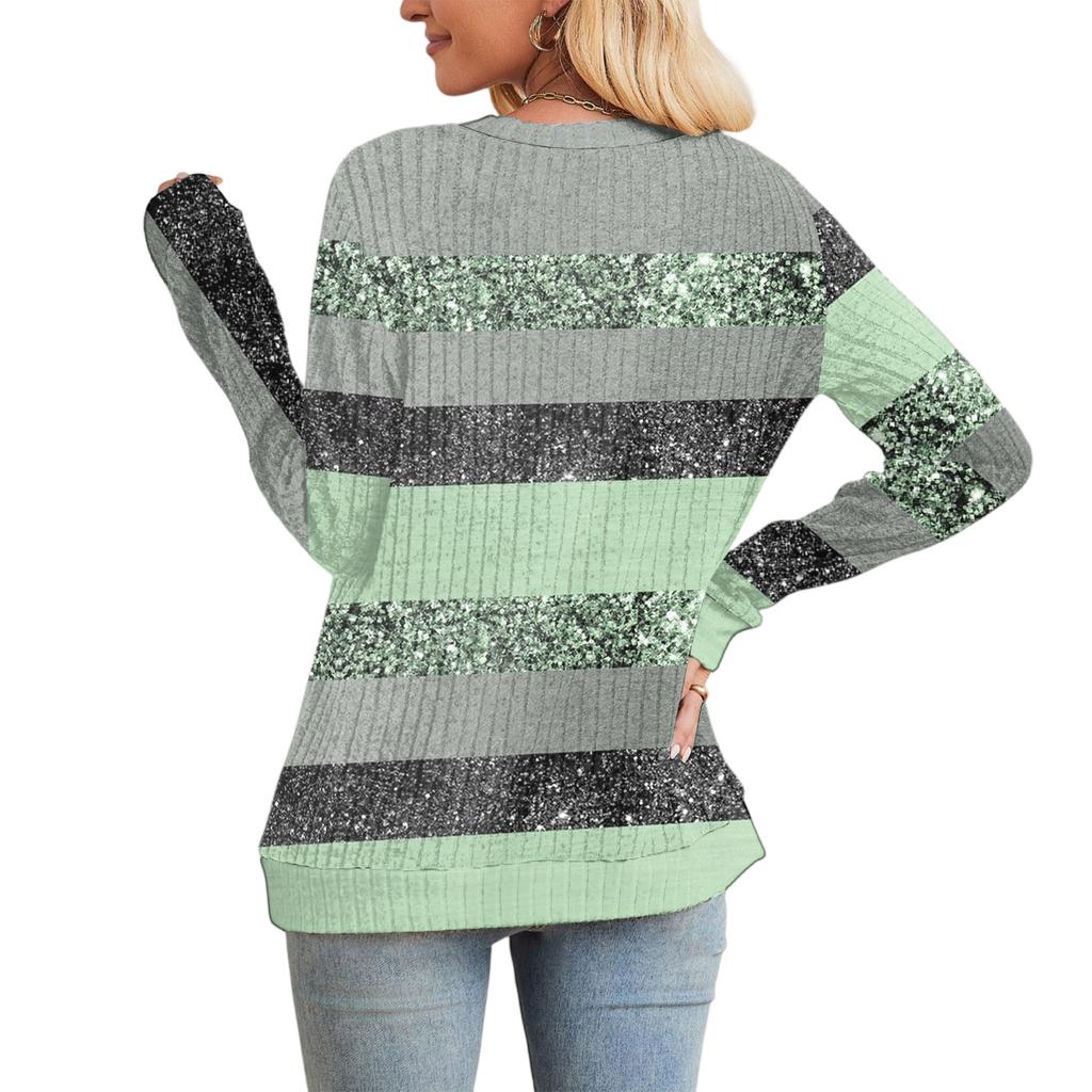 Fashionable Women's Long Sleeved Striped Printed Lightweight Sweater With Loose Round Neck Top