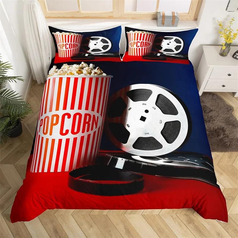 Movie Time Duvet Cover Set Cartoon Popcorn Bedding Set Microfiber Film Pattern Comforter Cover Home Theater Decor Queen Bed Set