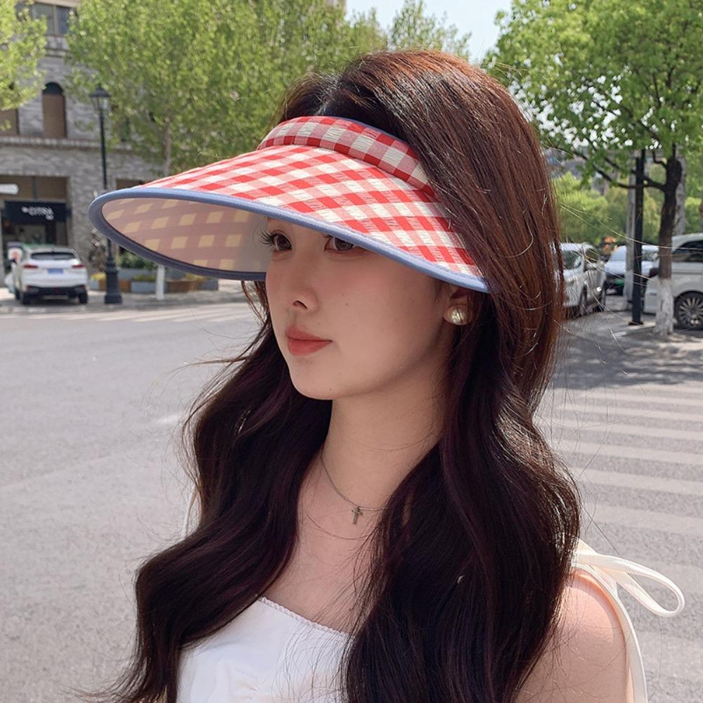 Hair Hoop Style Summer Empty Top Cap Plaid Print Sun Protection Hats Large Brim Sun Hat  Vacation