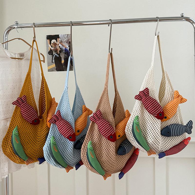 Yogodlns New Fish Cute Crochet Tote Bag Large Capacity Casual Woven Shoulder Bag Multicolor Handmade Knitted Bag