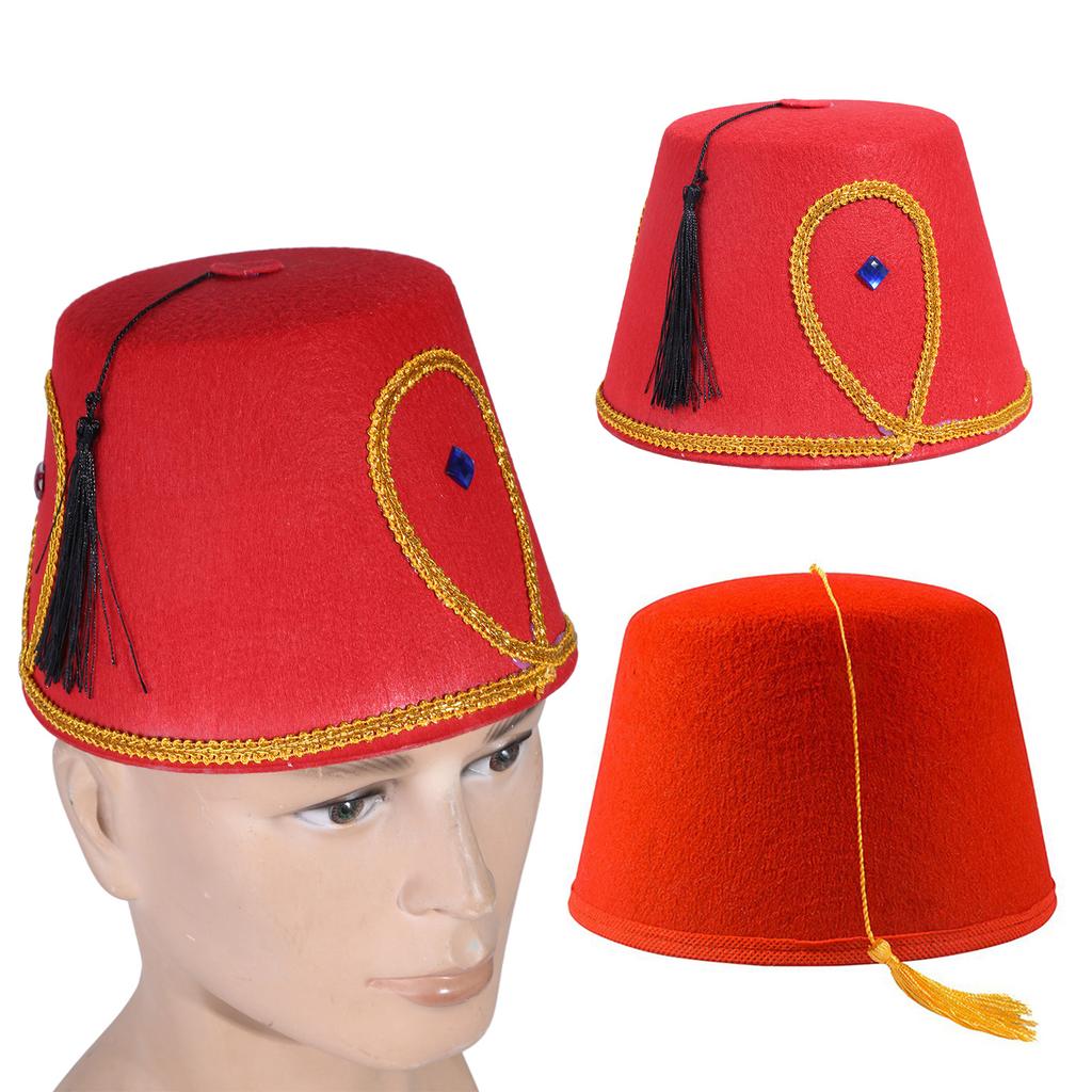 Exotic Turkish Hat Moroccan Themed Headwear with Gold Trim Black Tassels Fez Hat Egyptian Themed Hat Unique Headpiece