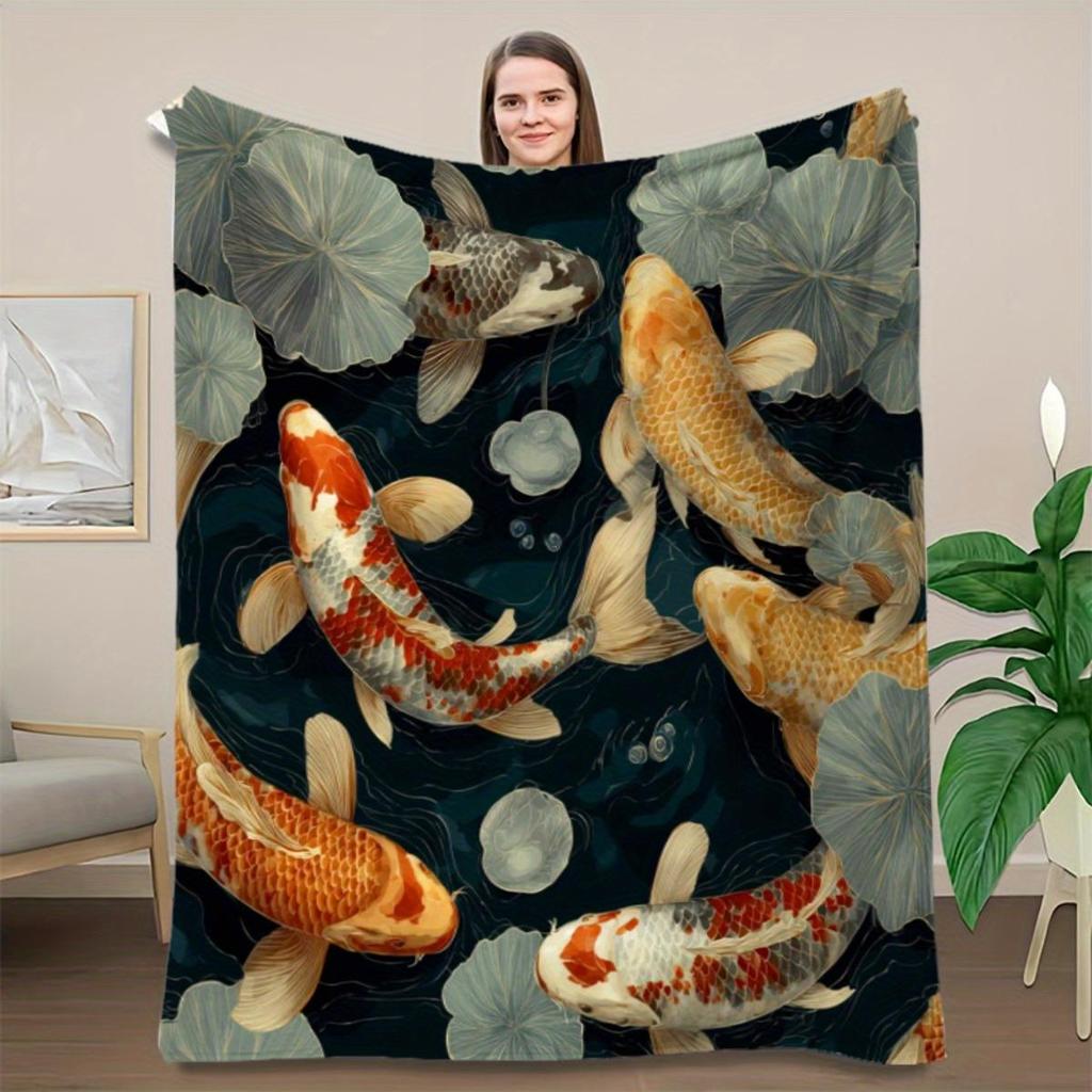 Pc Cozy Koi Fish Green Leaves Flannel Throw Blanket Gsm Soft Durable AllSeason Lightweight Warmth Golden Koi Fish Da
