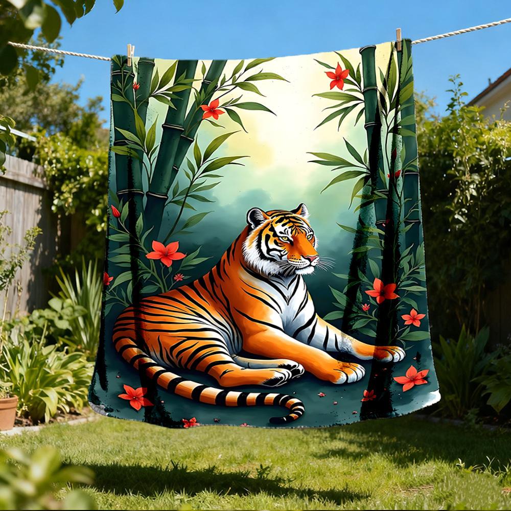 1pc Tiger Bamboo Flowers Throw Blanket Polyester Fiber, Lightweight Flannel, Soft & Warm, All Season Use for Outdoor, Camping Digital Print