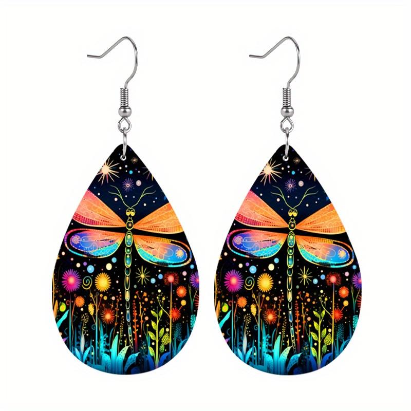 Colorful Fashion Drop Shape PU Leather Earrings for Women Creative Pink Golden Leaf Pattern Drop Earrings