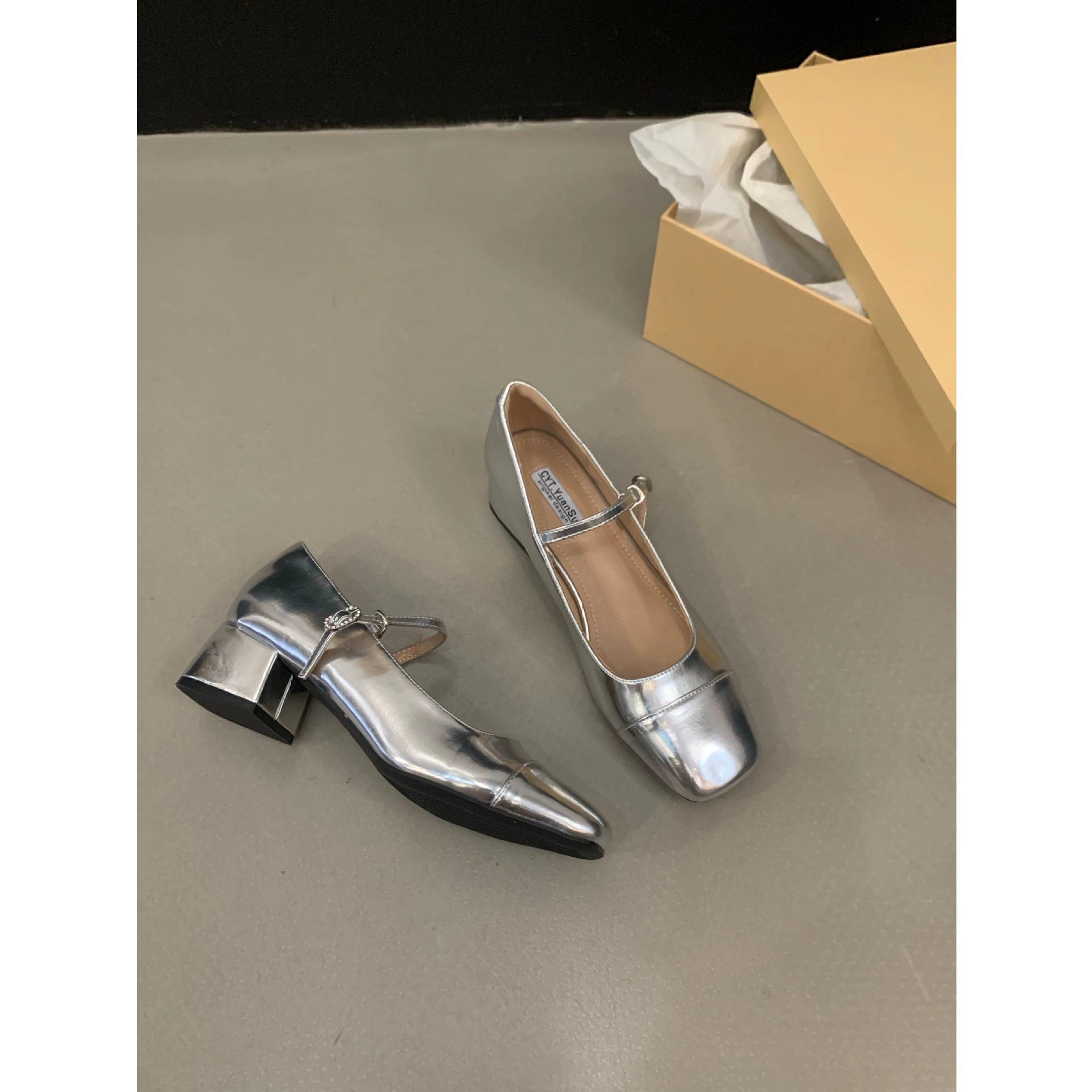 

Thick heel red single shoes women s shoes 2025 new summer high heel silver Mary Jane with skirt evening shoes 39