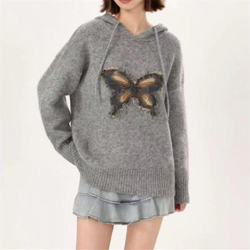 Grauer Pullover Schmetterling Kapuzenstrickpullover Damen 2025 Herbst- und Winterpullover Lässiger Pullover Locker Langärmeliges Oberteil