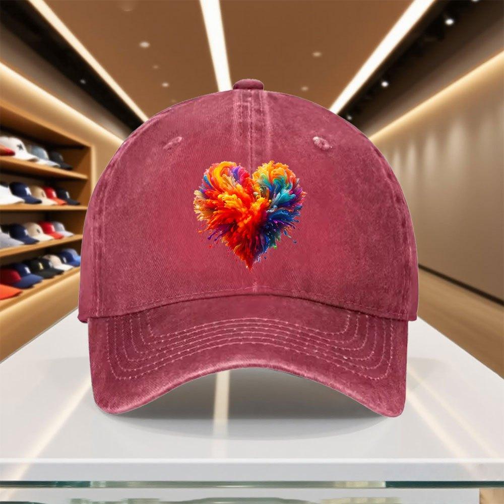 Multicolor Explosion Heart Print Baseball Cap Adjustable Polyester Casual Snapback Hat for Men Women