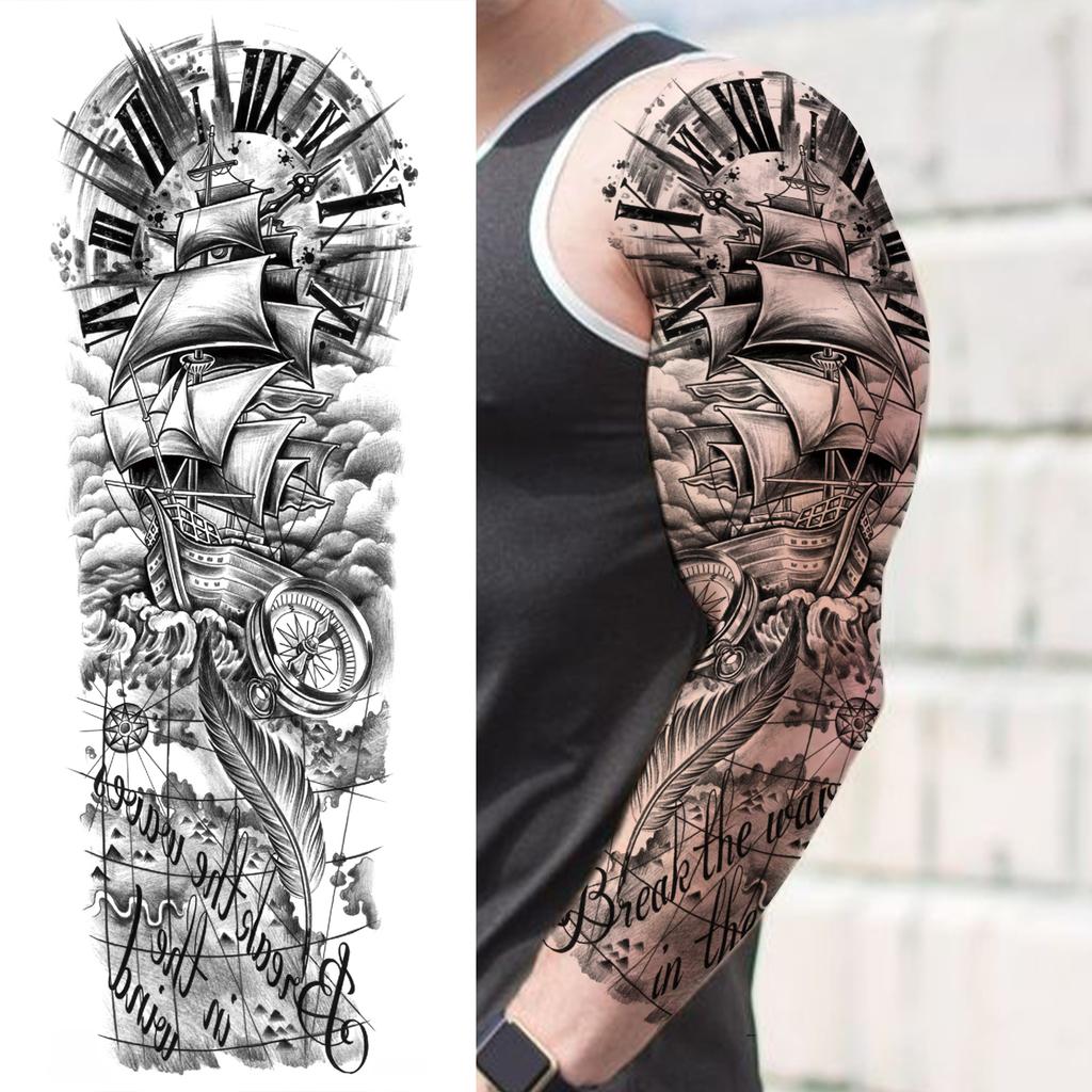 1 Sheet Long Sleeve Temporary Tattoos For Men Women Flower Skull Lion Wolf Tiger Nun Fox Compass Tattoo Sticker Body Art Arm Leg