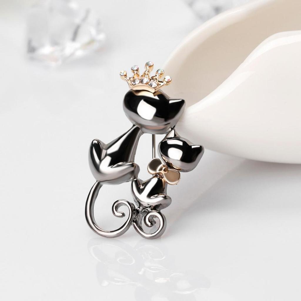 Fashion Jewelry Shiny Rhinestone Cute Double Cats Kitten Crown Brooch Pin Gift