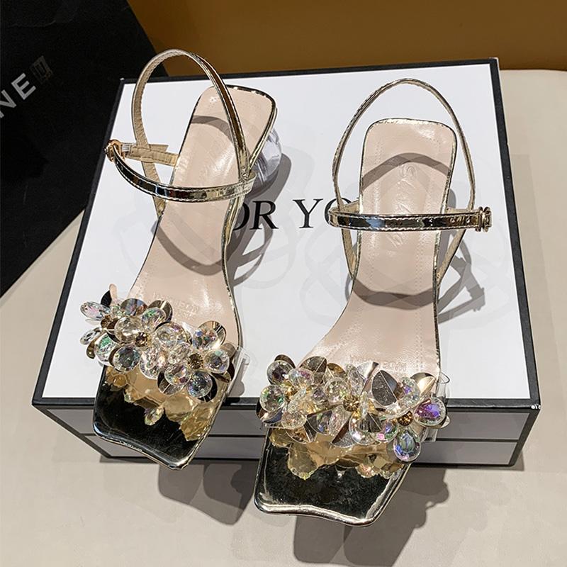 Luxusní dámské robustní značkové sandály na středním podpatku boty jaro léto nová móda křišťálové šaty večírek slingback dámské pantofle