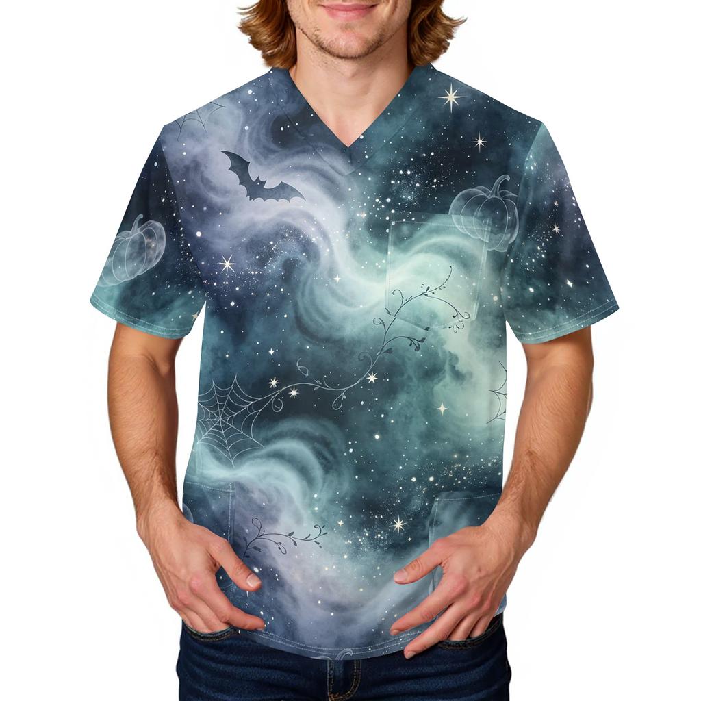Herren Halloween Print Medizinische Kasack-Oberteil V-Ausschnitt mit Bindeband Taschen Bequeme Passform Tägliche Arbeitskleidung für medizinisches Fachpersonal