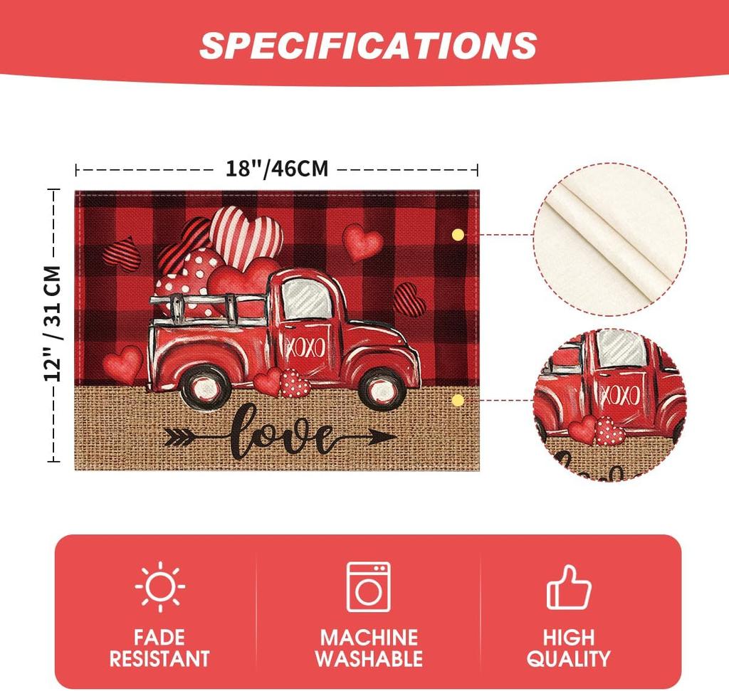Valentine Placemats Set of 4, 12x18 Inch Black Red Buffalo Plaid Hearts Truck Love Table Mats for Party Kitchen Dining Decoration