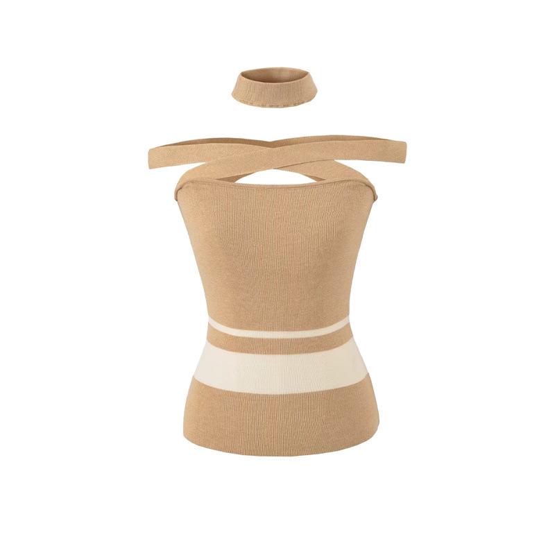 Stylish Striped One-Shoulder Knit Bandeau Top - Women s Slim-Fit Sleeveless Vest One Size хаки