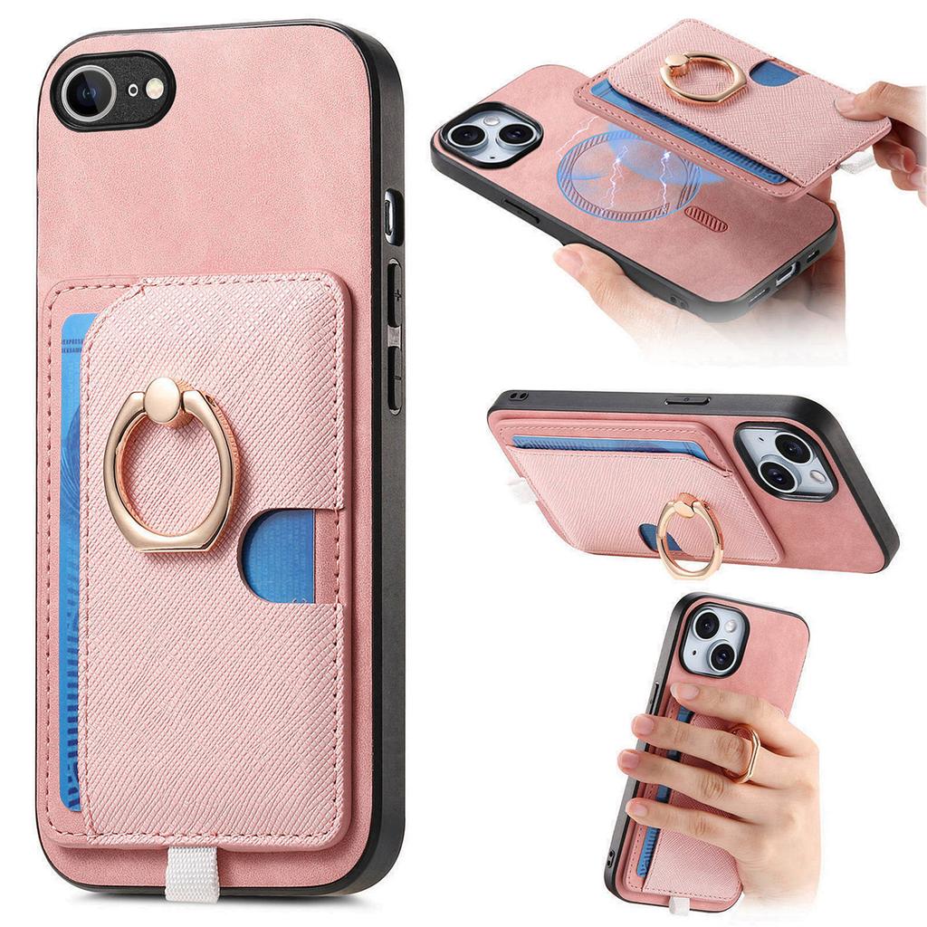 Pro iPhone 16e Pouzdro Kroužkový Stojánek Kůže+TPU+PC Kryt na Telefon Odnímatelný Držák na Karty