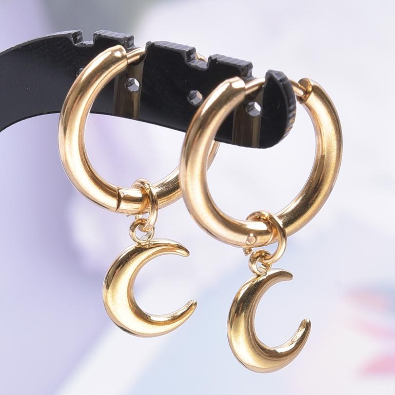 Upright Moon Charm Earring Lune Pendant Stainless Steel Earrings For Women Men Fashion Jewelry Round Hoops Piercing Oorbellen