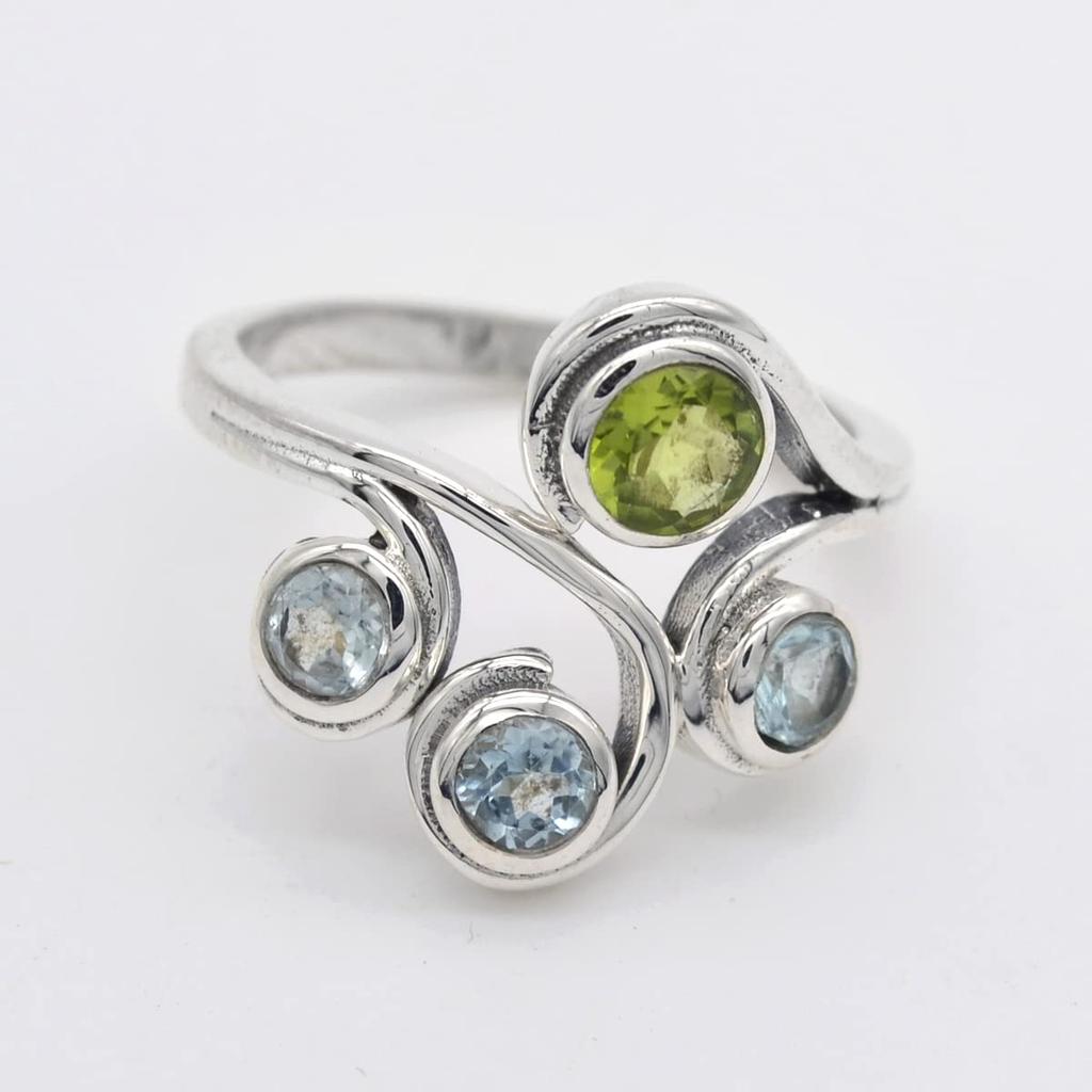 Natural Peridot and Blue Topaz Ring With Gemstone 925 Sterling Silver Ring Handmade Stone Solid Round Cut Stone Jewelry for Women - 1.87 Cts