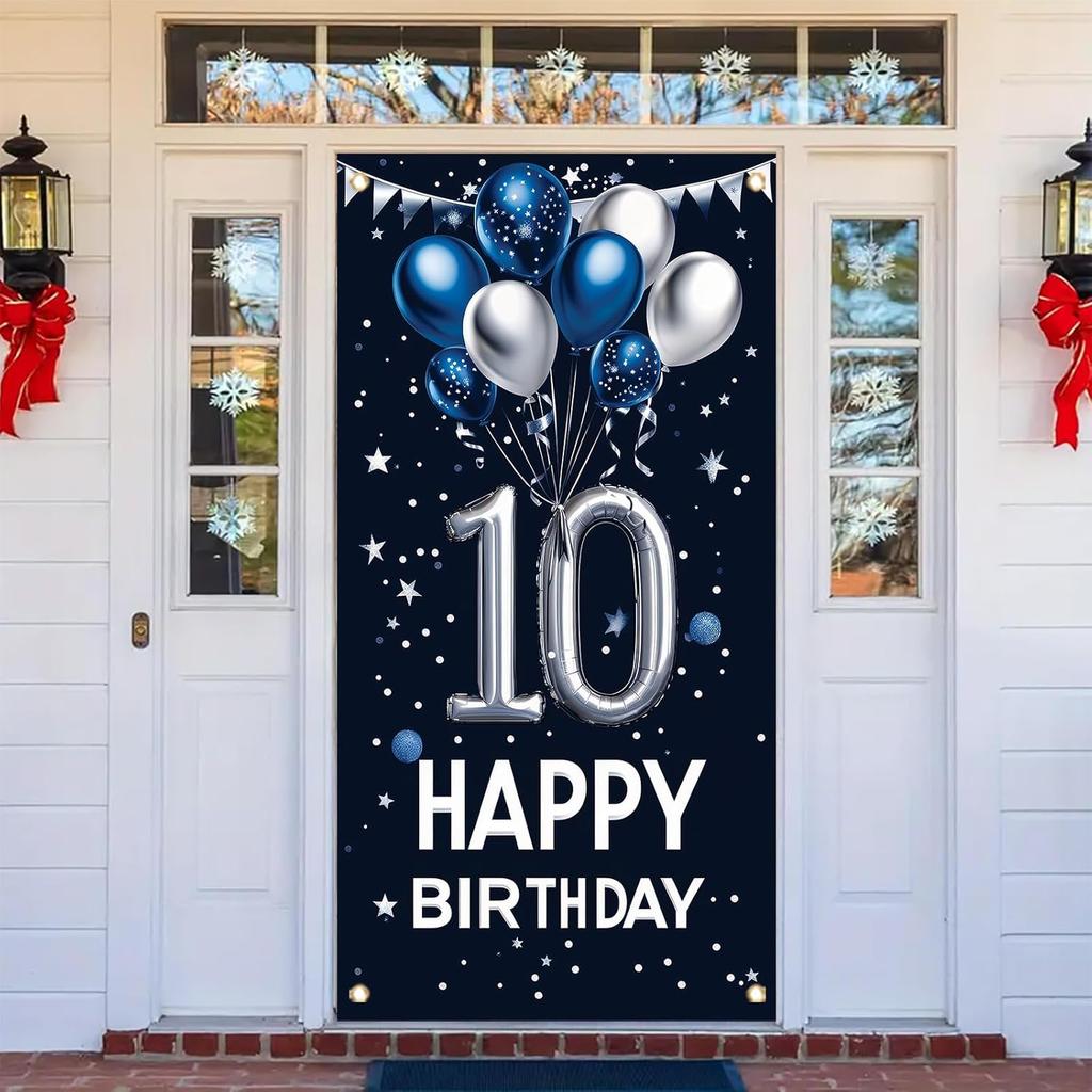 10th Birthday Door Cover Decoration 71 x 35 Inch Blue and Silver Balloon Banner for Tenth Birthday Party Supplies Happy 10 Years Old Photo Booth