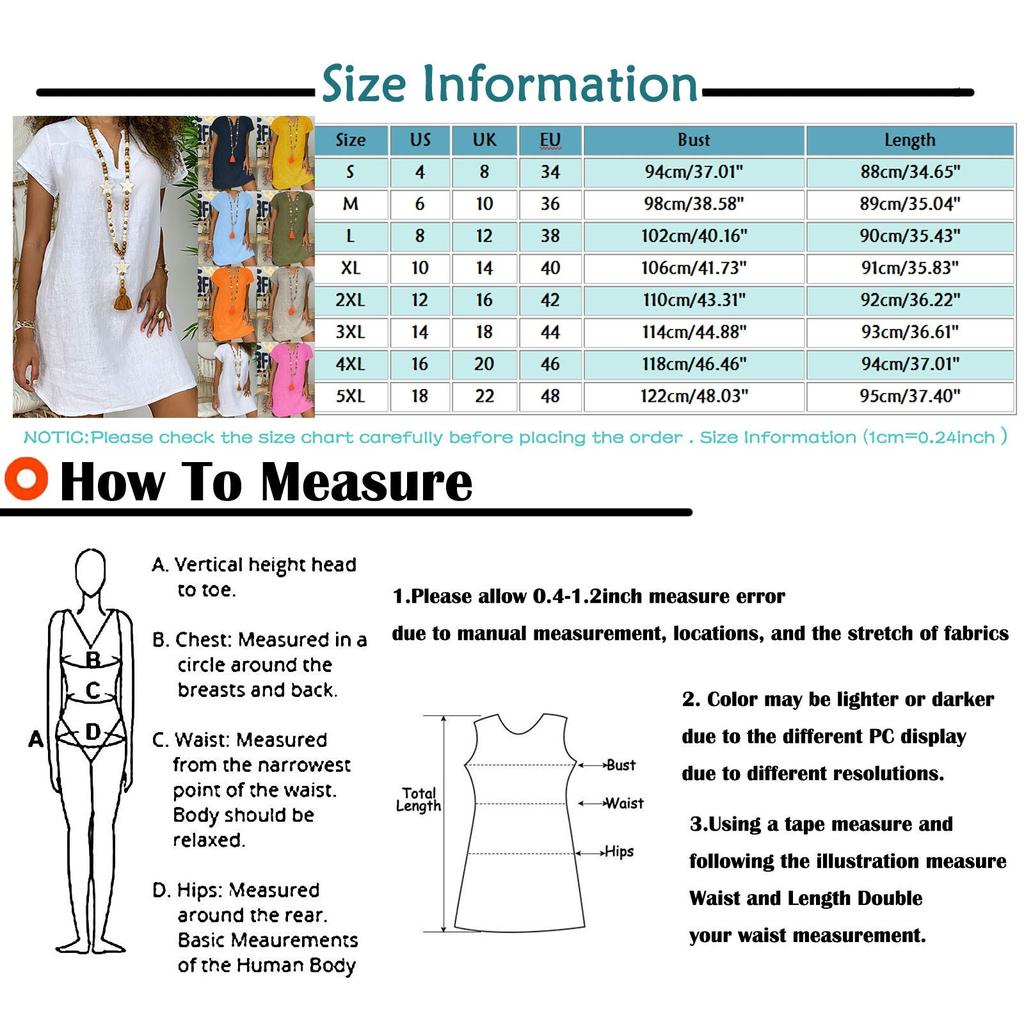 Women's Fashion Summer Loose Skirt Short Sleeve V-Neck Cotton Linen Dress