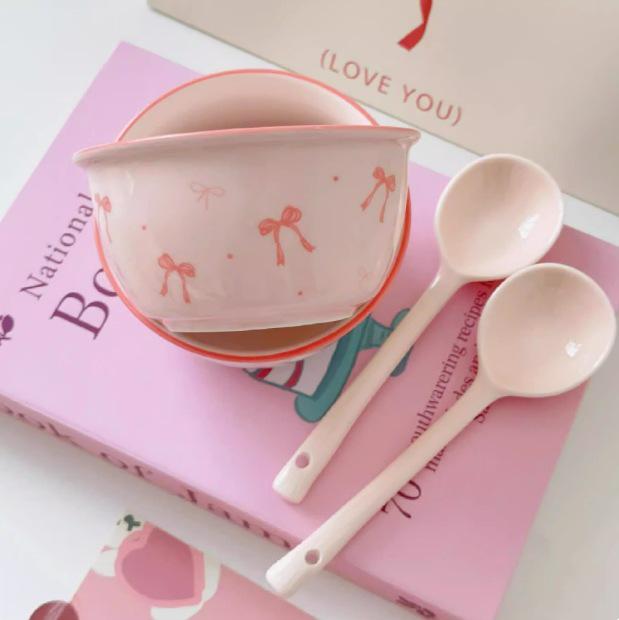 Affascinante Set di Ciotola e Piatto in Ceramica con Fiocco - Stoviglie Carine per Yogurt e Noodles Istantanei