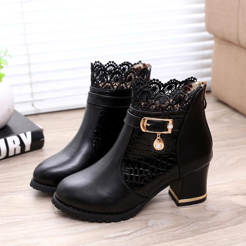 Autumn and Winter Martin Boots, High-heeled Women's Short Boots, Thick-heeled Ankle Boots, Sexy Lace Round Toe Women's Shoes