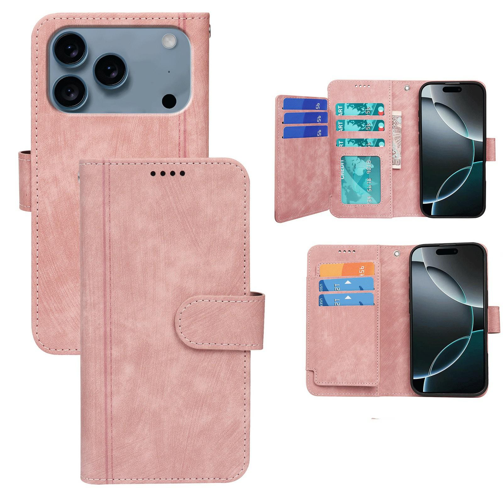 

For iPhone 17 Pro Leather Case Line Pattern Wallet Phone Cover with 9 Card Slots Rose Gold