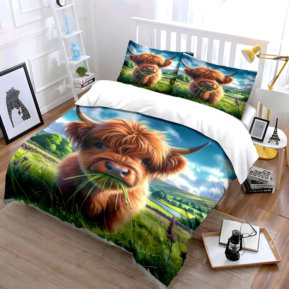 Furry Calf Eating Grass Duvet Cover Set With 3D Printing Design Soft Polyester Bedding Set All-Season Comfort Machine Washable