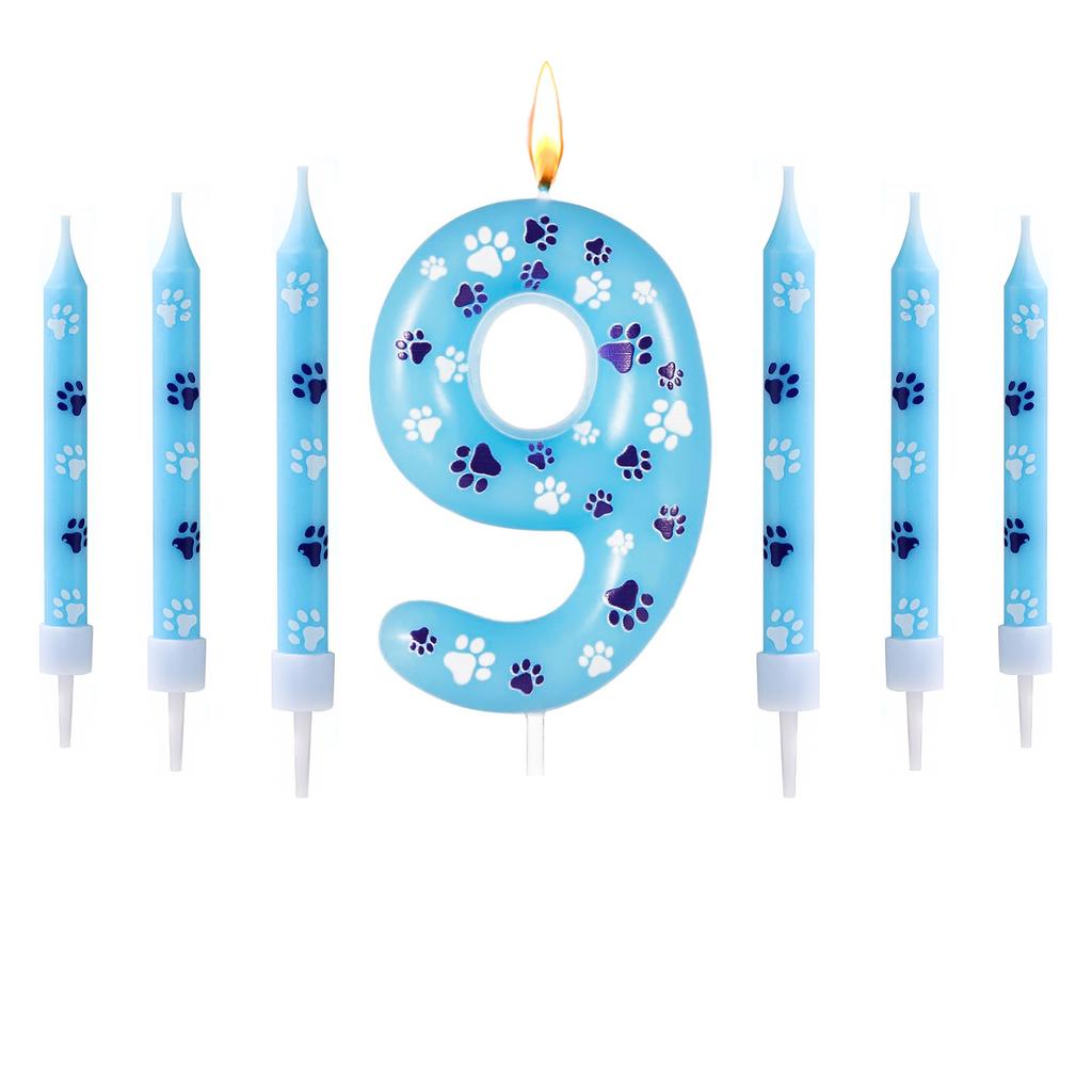 0-9 Blue and White Dog Birthday Candle Cake Top Digital Birthday Candle, Used for Boy and Girl Dog Claw Decoration Candles